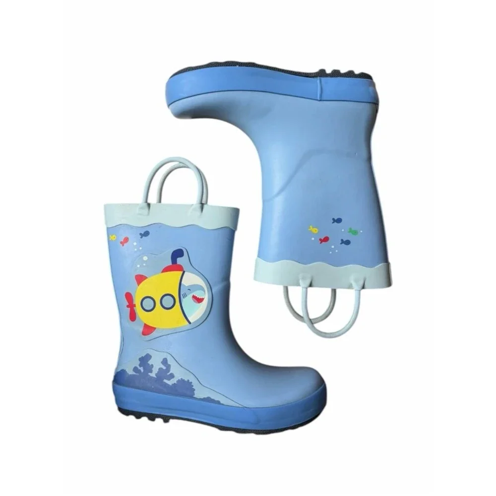Cat & Jack Blue Submarine Shark Rain Boots Kids Size 10 Waterproof Pull-On